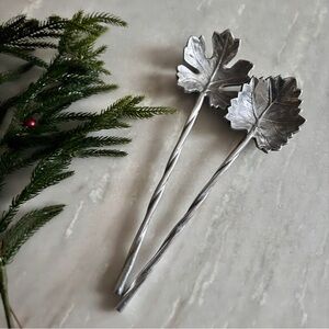 Pier1 Elegant Silver Leaf Design Serving Spoon & Fork Salad Set